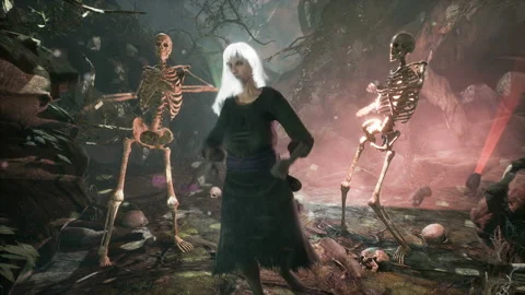 Halloween disco and fun dancing performed by skeletons and witches in a spooky Stock Footage 163214717