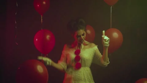 Halloween disco party video, evil vintage dress. hairstyle bun. girl jump dance Stock Footage 314977577