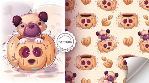 Halloween dog in pumpkin - seamless pattern Stock Illustration