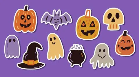 Halloween doodle character stickers elements set Stock Illustration