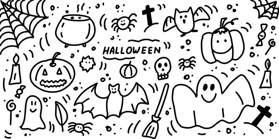Halloween doodle elements collection. Hand drawn icon set. Pumpkin, Ghost, ba Stock Illustration
