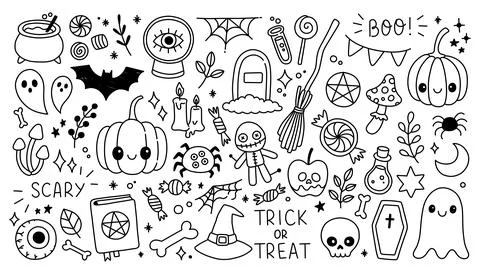 Halloween doodle elements set. Cute Halloween vector collection. Hand drawn Stock Illustration