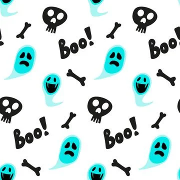 Halloween doodle festive seamless pattern. Vector background with skulls, s.. Stock Illustration