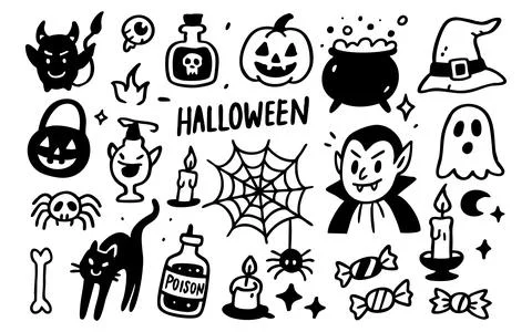 Halloween doodle include vampire, pumpkin and ghost with spider, cat and bat Stock Illustration