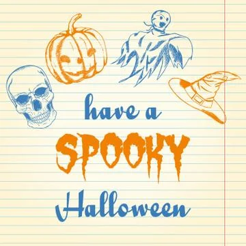 Halloween doodle - pumpkin, ghost, hat and skull Stock Illustration