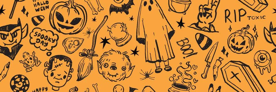 Halloween doodle seamless pattern, vector holiday background texture Stock Illustration