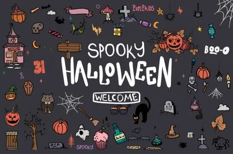 Halloween Doodle Set. Creative design for invitation and party. Hand Drawn Stock Illustration