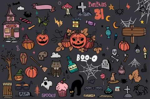 Halloween Doodle Set. Creative design for invitation and party. Hand Drawn Stock Illustration