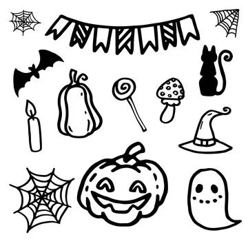 Halloween doodle set of illustrations. Vector image of pumpkin, ghost, cat, bat 스톡 일러스트