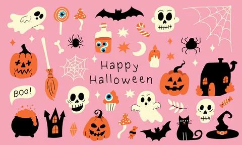 Halloween doodle set with pink background and spooky elements Stock Illustration
