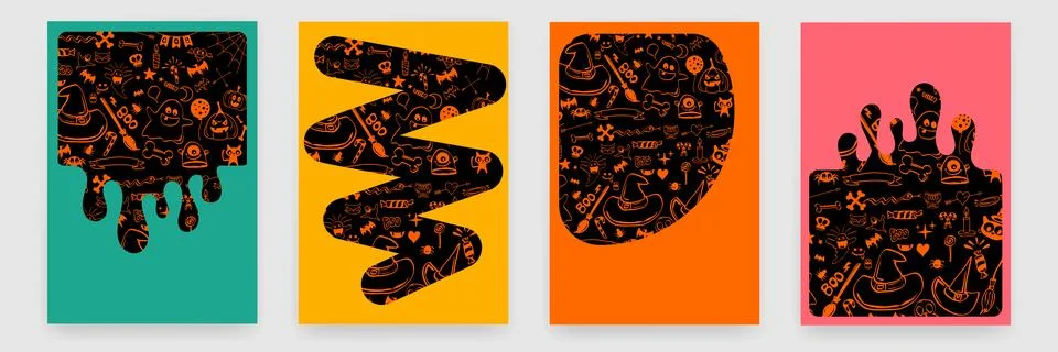 Halloween doodle vector set, hand drawn cartoon elements, vertical posters Illustrazione stock