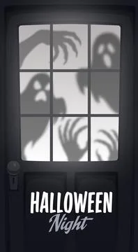 Halloween door with ghost shadows background Stock Illustration