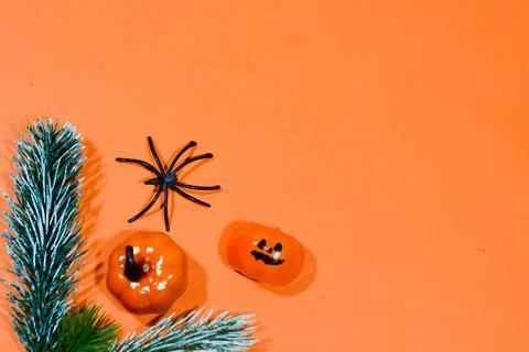 Halloween double border of scattered candy and decor. Flat lay over an oran.. 스톡 사진