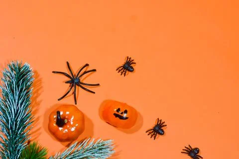 Halloween double border of scattered candy and decor. Flat lay over an oran.. Stock Photos