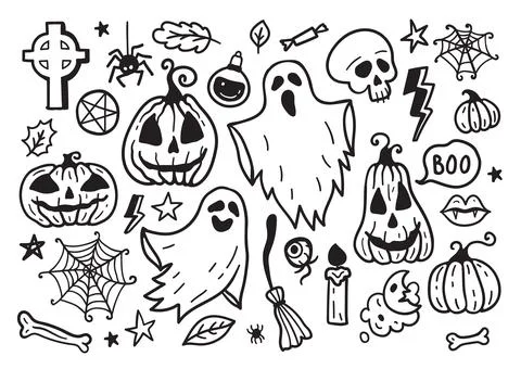 Halloween Drawings vector set of design elements. Pumpkin, ghost, web Stock Illustration