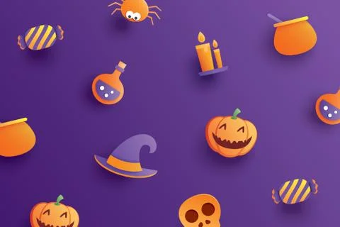 Halloween element object in paper art style on purple background. Stock Illustration