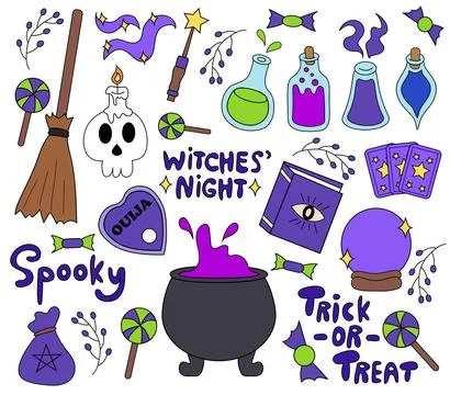 Halloween element set. Cauldron, poison bottles, ouija, magic book Stock Illustration
