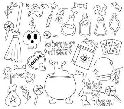 Halloween element set. Outline Line Art. Stock Illustration