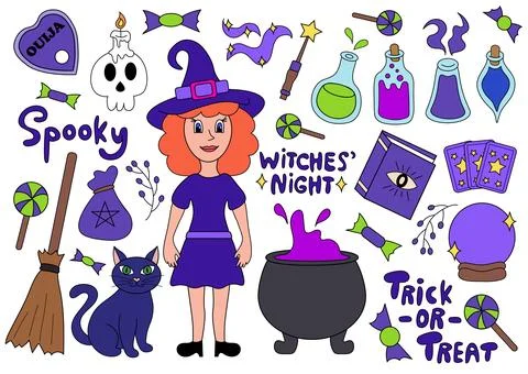 Halloween element set: witch, cat, cauldron, poison bottles Stock Illustration