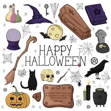 Halloween element set with witch,pumpkins, broom, moon and spell book . Perfect Stock-Illustration