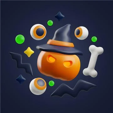 Halloween elements in 3d style, evil pumpkin, eyeballs and bats on black Stock Illustration