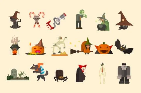 Halloween elements and funny characters. Zombie, witch on broom, cauldron with Stock Illustration