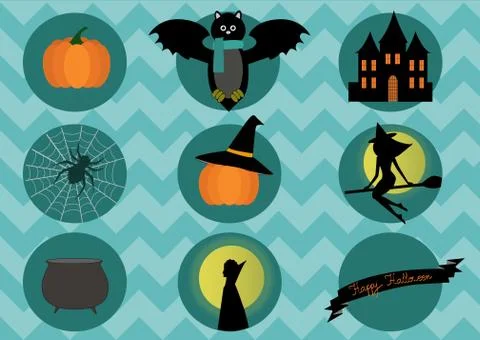 Halloween elements- bat, pumpkin, witch and spider on blue background. Stock Illustration