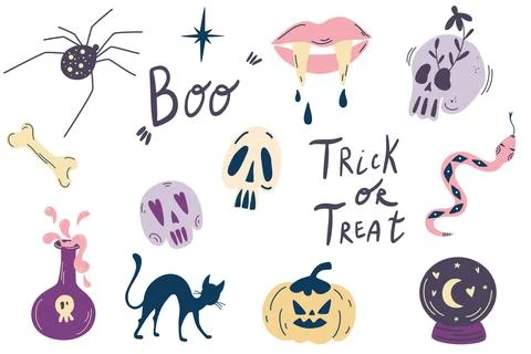 Halloween elements. Big witch magic design elements collection. Cute hand dra Stock Illustration