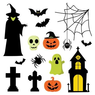 Halloween elements collection with haunted house, skull,bats,tree,pumpkins,.. Stock Illustration