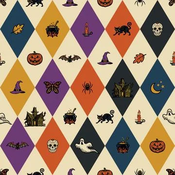 Halloween elements in colorful diamond shape seamless pattern Stock Illustration