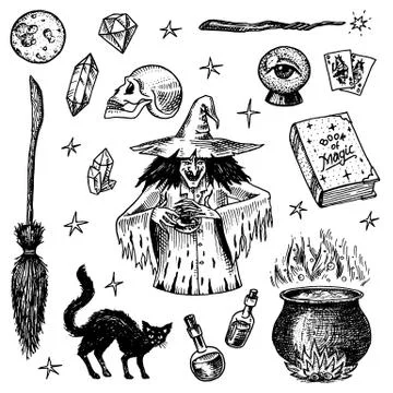Halloween elements. Magic ball, witch with book of spells, cursed black cat Stock Illustration