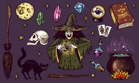 Halloween elements. Magic ball, witch with book of spells, cursed black cat Illustrazione stock