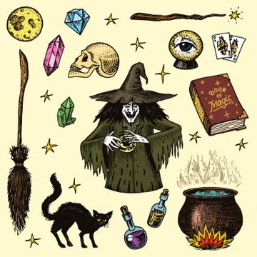 Halloween elements. Magic ball, witch with book of spells, cursed black cat Stock Illustration