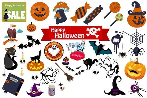 Halloween elements pumpkin candy bat witch cat spider vector set Stock Illustration