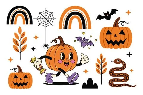 Halloween elements with pumpkins, bat, snake, and spiderweb isolated Stock Illustration