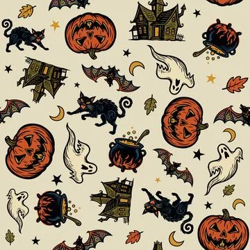 Halloween elements seamless pattern on beige background square template Illustrazione stock