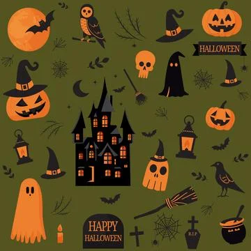 Halloween elements seamless pattern design in flat style イラスト素材