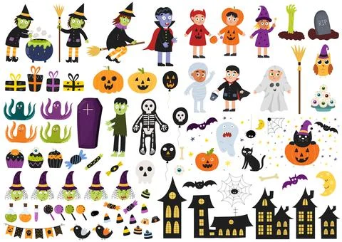 Halloween elements set. Big collection with witches, kids in costumes. Halloween Illustrazione stock