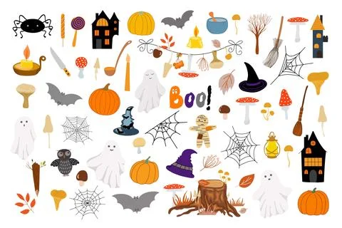 Halloween elements set, cartoon doodle autumn holiday celebration decor, cute Stock Illustration