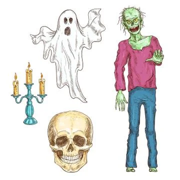 Halloween elements set of color sketch icons 库存插图