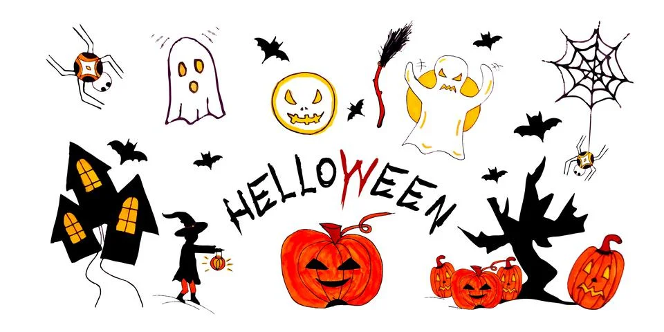 Halloween elements set colored doodle icons holiday supplies vector hand draw Stock Illustration