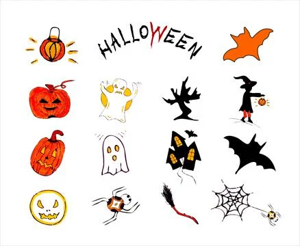 Halloween elements set colored doodle icons holiday supplies vector hand draw Stock Illustration
