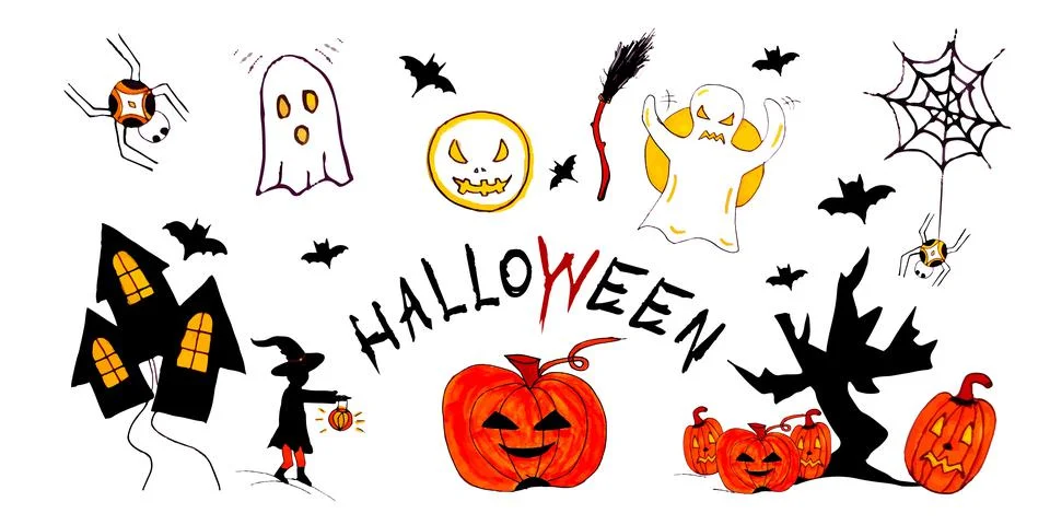 Halloween elements set colored doodle icons holiday supplies vector hand draw Stock Illustration