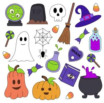 Halloween elements set. Vector illustration with pumpkins, tombstone Stock Illustration