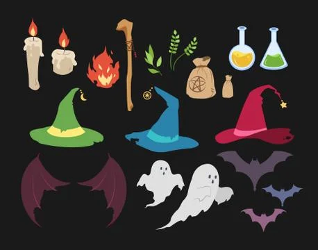 Halloween elements set with witches and spooky ghost and bat イラスト素材