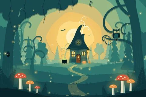 Halloween Enchanted Forest Witch Hut Paper Cut Illustration Stock Illustration