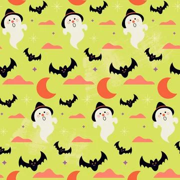Halloween festive seamless pattern with cute ghost and bats 스톡 일러스트
