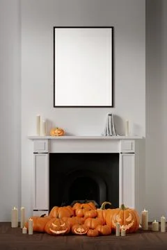 Halloween Fireplace with Pumpkins and Ghost Decor 3D Render Stock Illustration