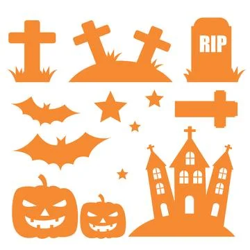 Halloween Flat Design Elements Set: Spooky Graveyard, Haunted House, and Ja.. Stock Illustration