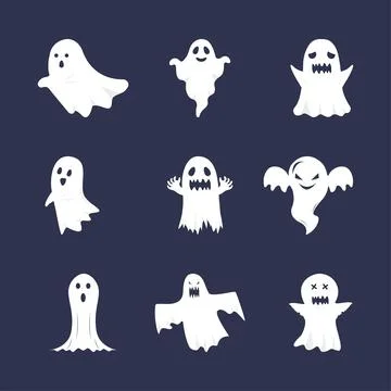 Halloween flat ghost vector collection. Cute ghost bundle. White ghosts on da Stock Illustration